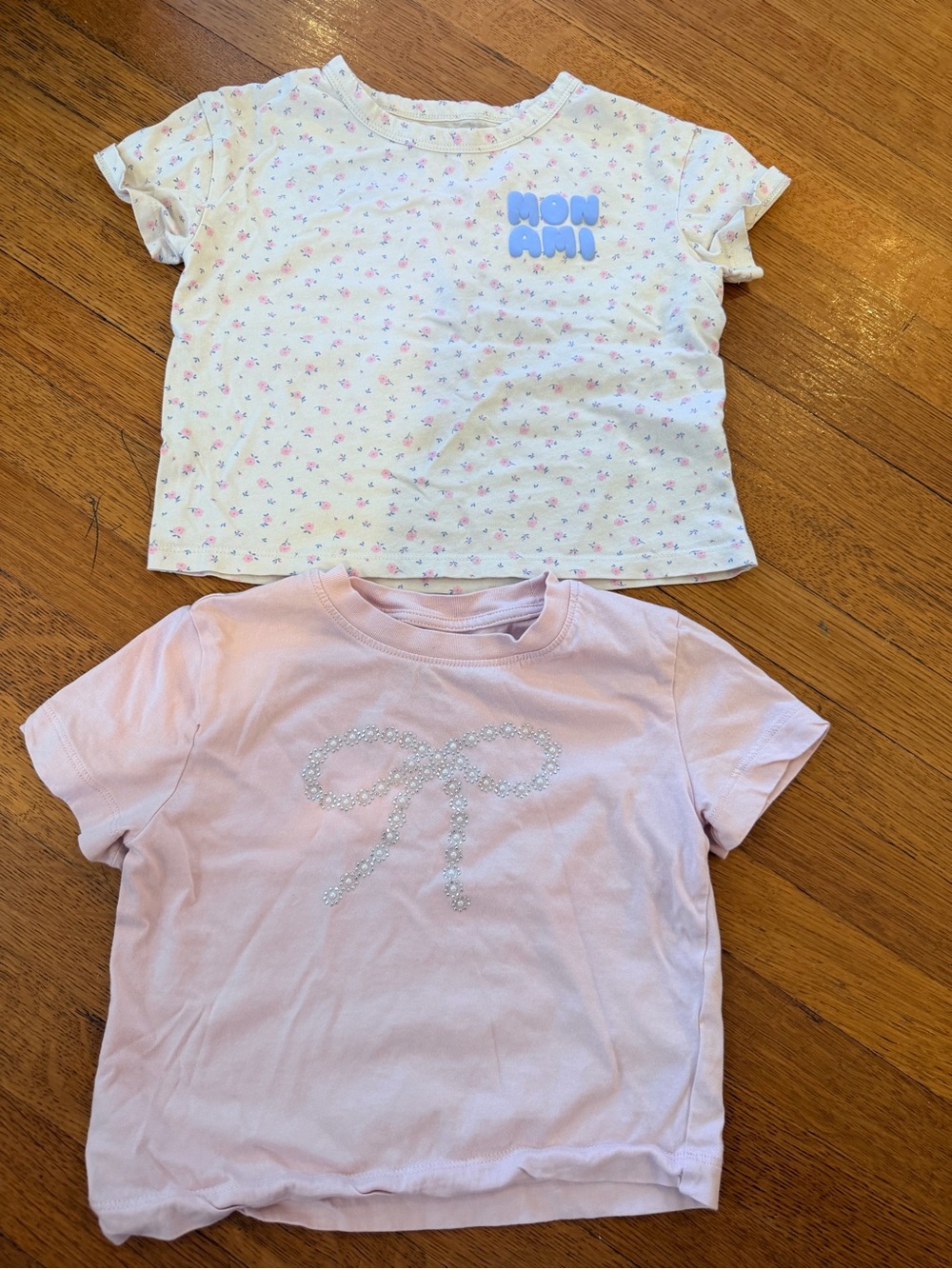 H&M Girls Short Sleeve Tees - White Floral & Light Pink